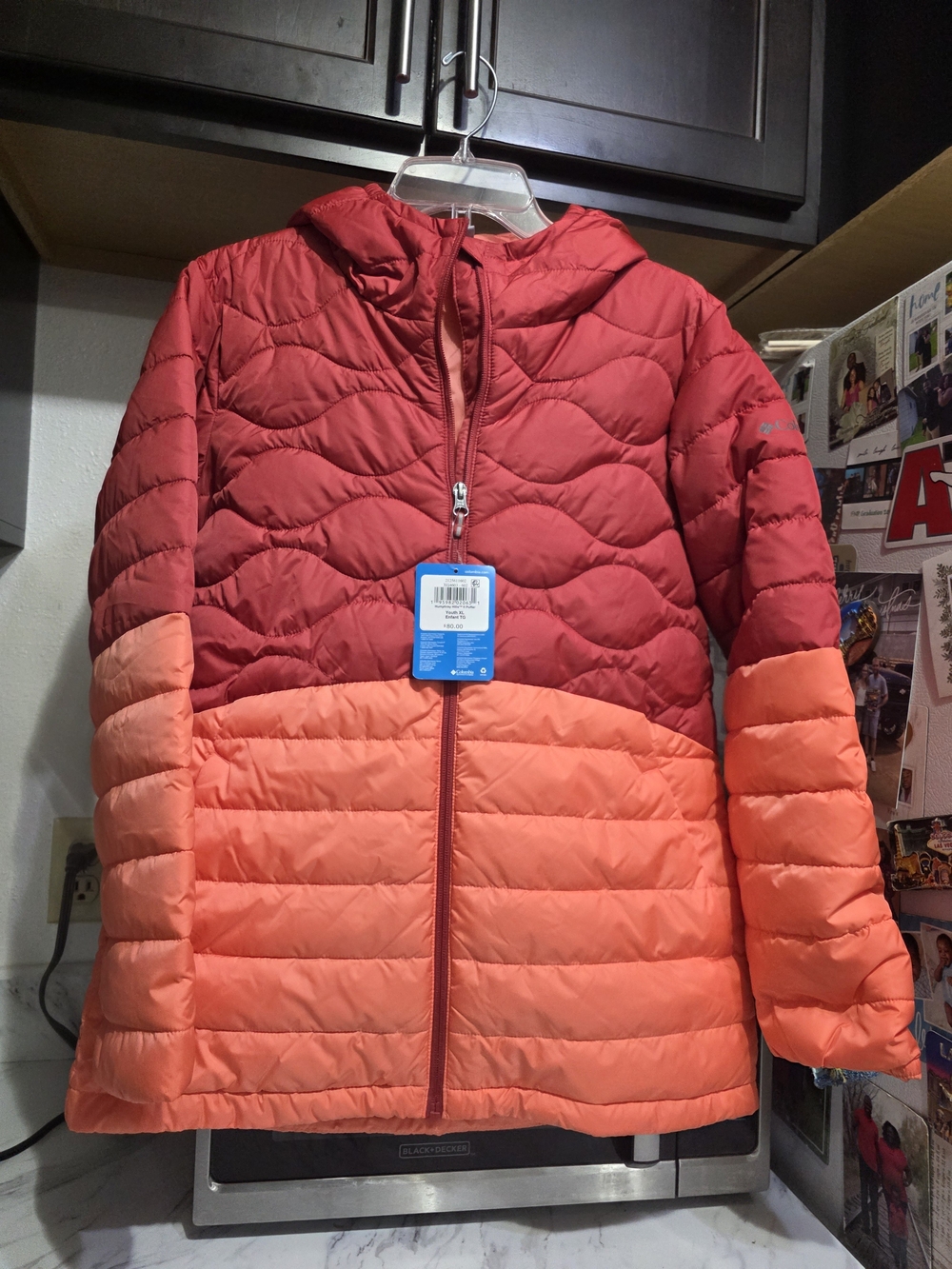 Columbia Girls Colorblock Hooded Puffer Jacket in Red and Coral Size XL